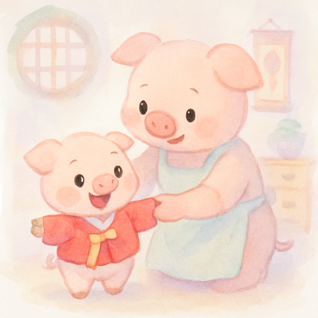 엄마 돼지가 아기 돼지에게 빨간 저고리를 입혀주는 따뜻한 장면